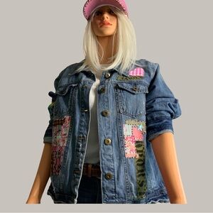 Vibrant Blue Denim Jacket with Colorful Patches